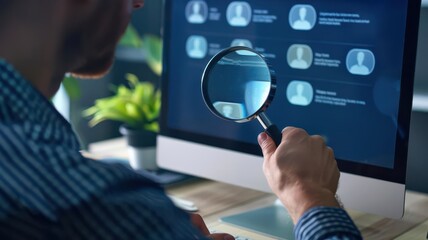 A recruiter analyzing candidate profiles on a computer screen with a magnifying glass icon, representing the meticulous selection process.