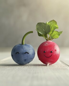 A clean 3D model of a cute blueberry and a smiling radish, placed on a smooth, plain surface