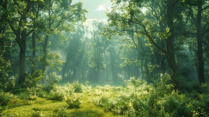 Misty Forest Landscape With Sunlight Filtering Through Trees in Early Morning. Generative AI