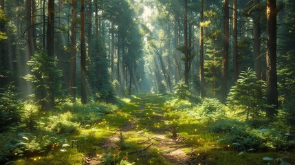 Obraz premium Lush Green Forest Pathway Illuminated By Sunlight During Early Morning Hours. Generative AI