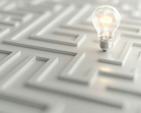 A clean 3D model of a maze with a lightbulb at the center, representing finding innovative solutions in business