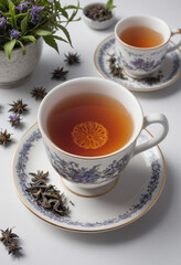 Minimal photorealistic of Earl Grey Tea , vivid colors, flat white background, no shadows