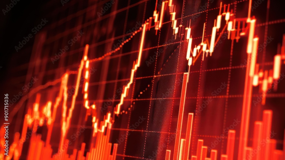 Poster dynamic financial chart showing market trends with rising and falling lines in vivid red and black c