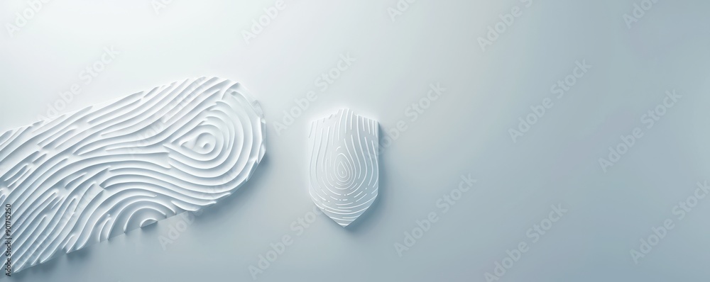 Poster a clean 3d model of a shield with a digital fingerprint in the center, symbolizing biometric securit