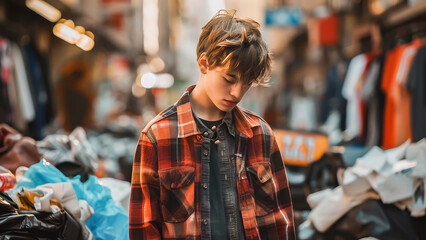 Naklejka premium A young boy wearing a plaid shirt stands thoughtfully in a busy urban street, surrounded by market stalls and clothing items.