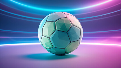 Naklejka premium digital hologram soccer ball with glowing data streams. background with connecting dots and lines