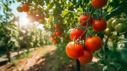 Natural tomato greenhouse. Beautiful red ripe and green tomatoes grown in a greenhouse