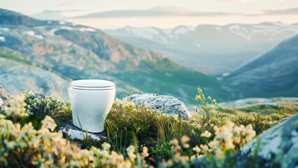Obraz premium A solitary toilet positioned in a beautiful mountainous landscape surrounded by wildflowers at sunrise, showcasing an eco-friendly, off-grid sanitation solution for nature lovers.