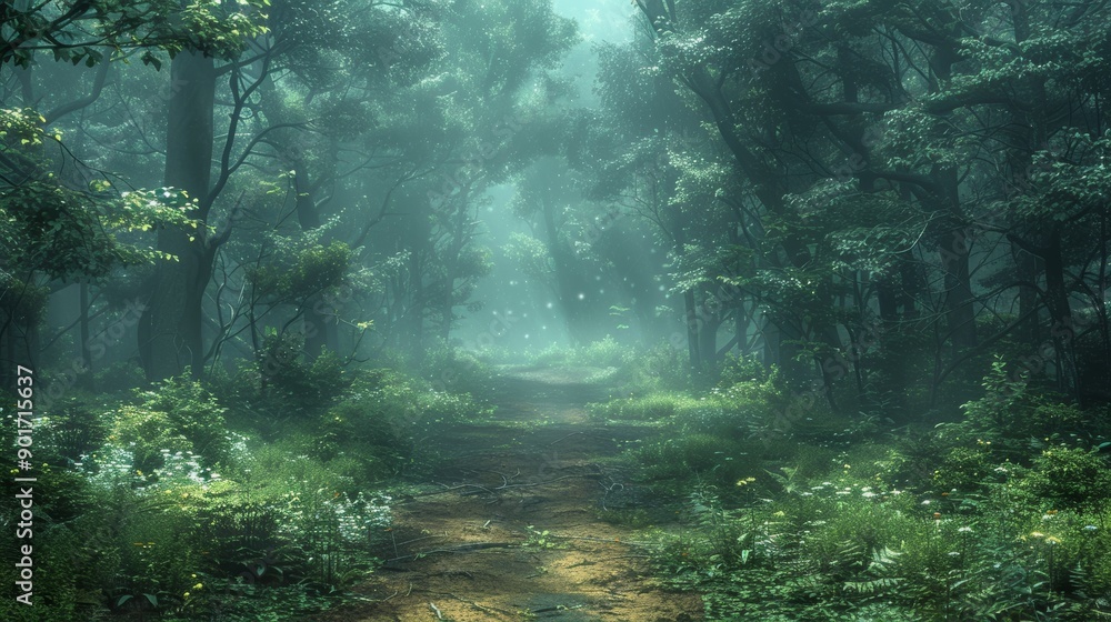 Poster mysterious foggy forest path inviting exploration on a still morning. generative ai