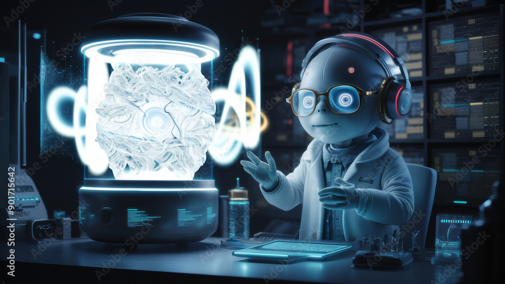Poster a cartoon character is working on a computer in front of an alien machine, ai