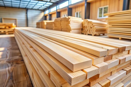 Close-up of Wooden hinoki boards, lumber, industrial wood billets, timber planks. Natural texture of Pine wood timber, background of building materials.