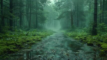 Obraz premium Lush Green Forest Pathway Surrounded by Misty Trees on a Foggy Morning. Generative AI
