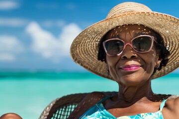 Elderly Woman Relaxing at the Beach in Sun Hat and Sunglasses