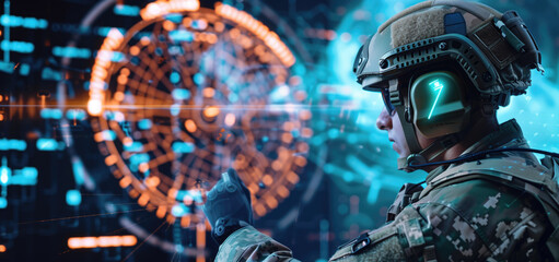 Soldier in tactical gear interacting with futuristic holographic interface. Concepts of military technology, innovation, and modern warfare.