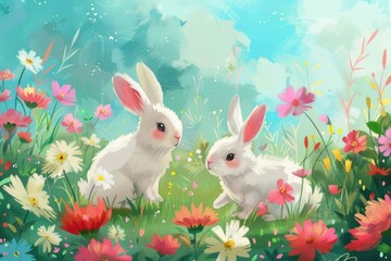 Playful rabbit in a colorful flower garden