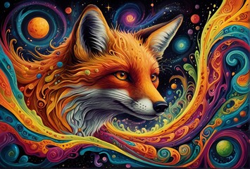 Fox in fractals and swirls of psychedelic art
