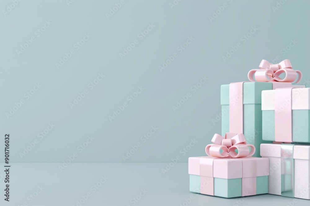 Poster a clean 3d model of a stack of neatly wrapped presents with bows, each in different pastel colors, p