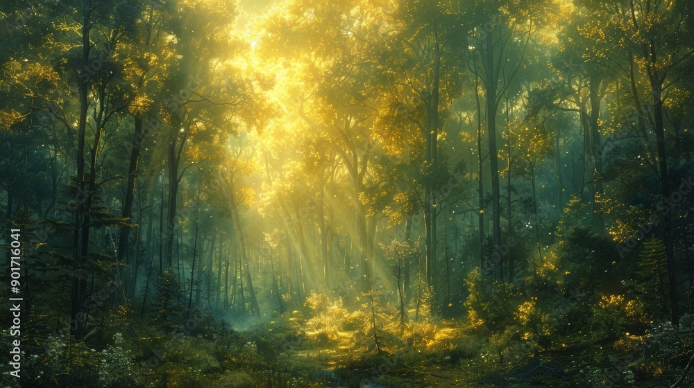 Poster sunlight filtering through lush green trees in a serene forest during early morning hours. generativ