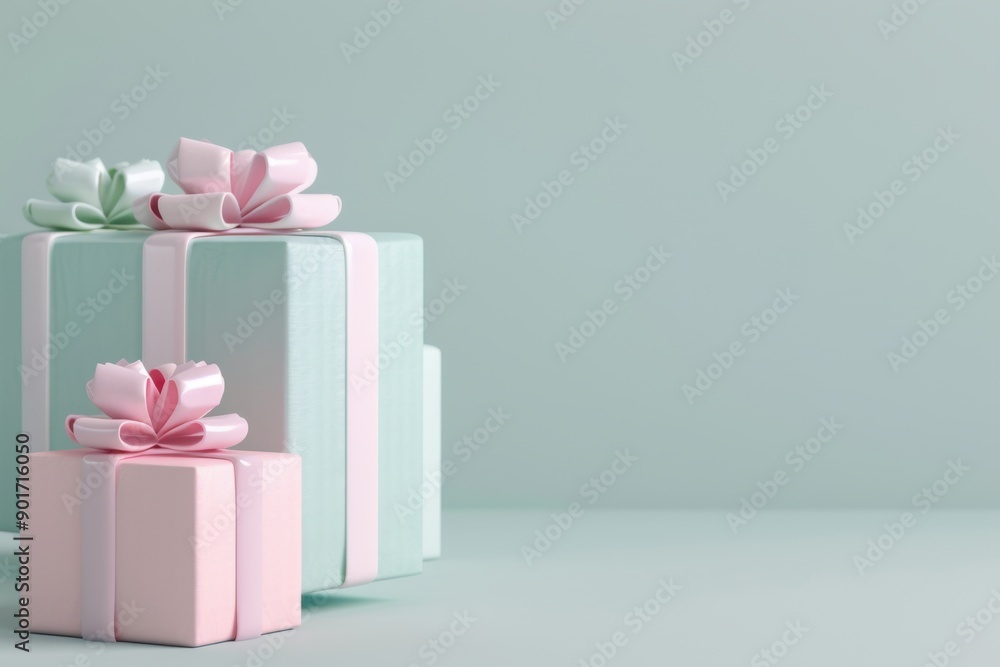 Poster a clean 3d model of a stack of neatly wrapped presents with bows, each in different pastel colors, p