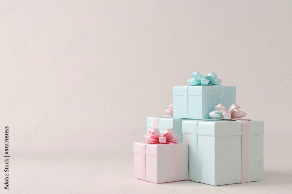 Poster a clean 3d model of a stack of neatly wrapped presents with bows, each in different pastel colors, p