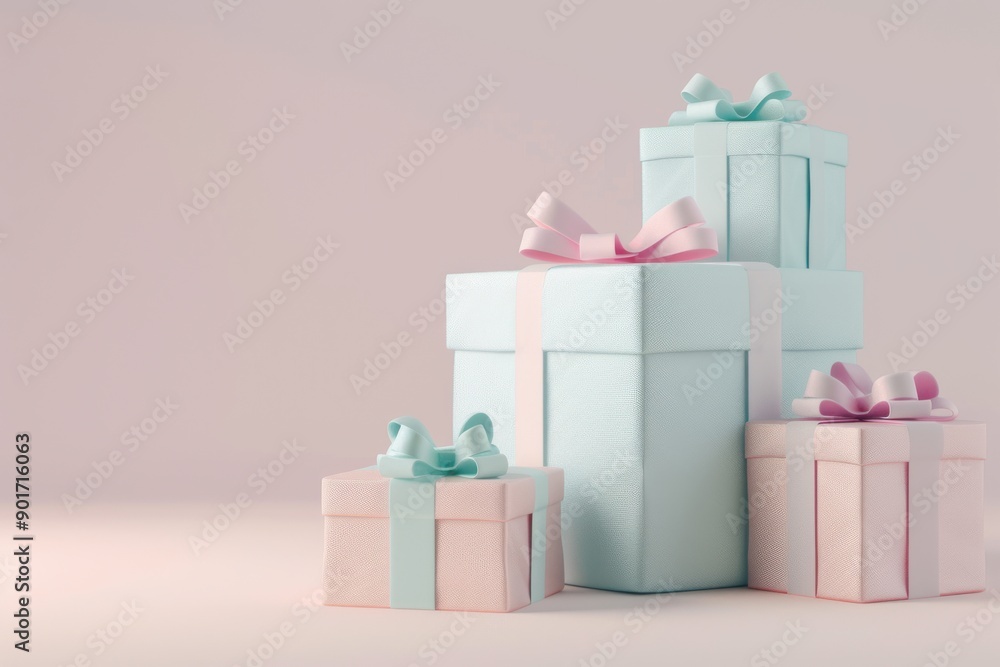 Poster a clean 3d model of a stack of neatly wrapped presents with bows, each in different pastel colors, p