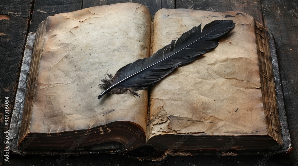 Poster an empty book with a dark quill for writing