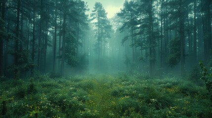 Obraz premium Mystical Forest Landscape With Tall Trees and Lush Greenery on a Foggy Morning. Generative AI