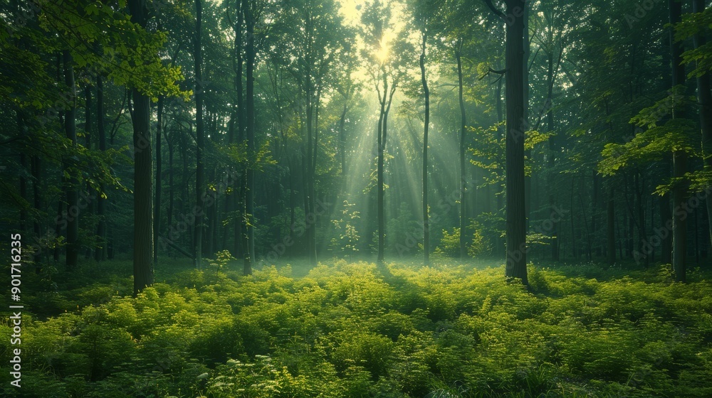 Wall mural sunlight filtering through trees in a lush green forest during early morning hours. generative ai