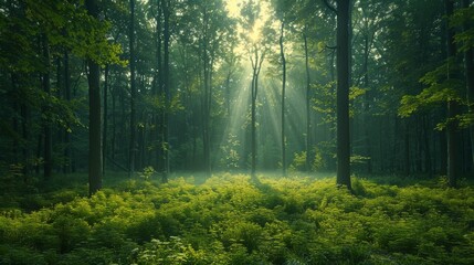 Obraz premium Sunlight Filtering Through Trees in a Lush Green Forest During Early Morning Hours. Generative AI