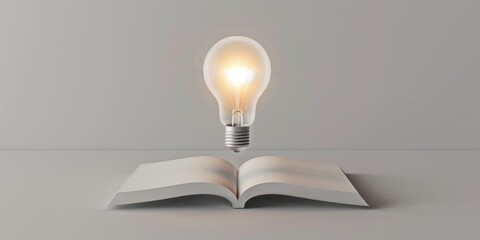 A clean 3D model of an open book with a glowing lightbulb above it, symbolizing enlightenment and problem-solving skills, set against a plain white background