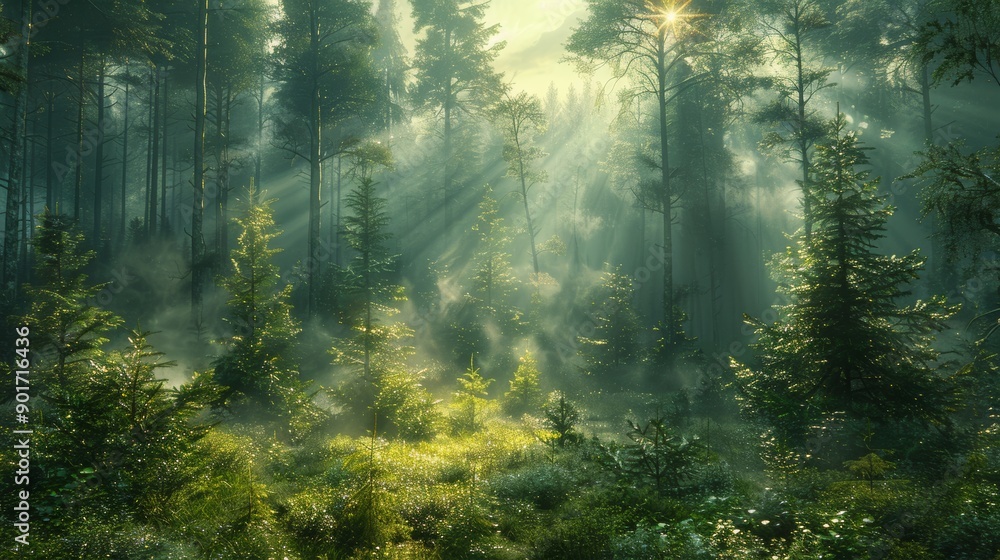 Poster sunlight filtering through tall trees in a misty forest at dawn. generative ai