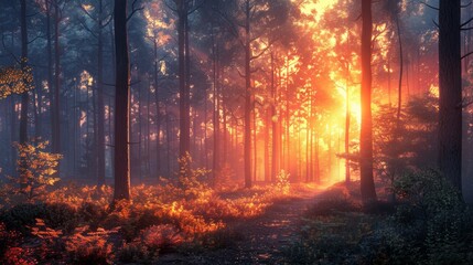 Sunset Illuminates a Misty Forest Path With Vibrant Colors in Autumn. Generative AI