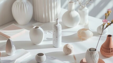 Fototapeta premium Minimalist white ceramic vases in natural light