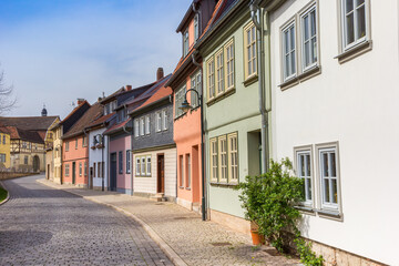 Historic houses at a cobblestoned street in Bad Langensalza, Germany