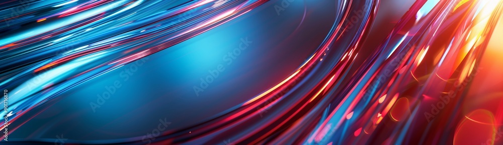 Poster abstract background with a blue and red gradient, curved lines of light, a shiny chrome texture