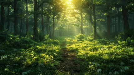 Fototapeta premium Sunlight Streaming Through Lush Green Trees in a Serene Forest Path at Dawn. Generative AI