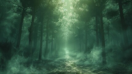 Fototapeta premium Enchanted Forest Path Illuminated by Ethereal Light During Early Morning Hours. Generative AI