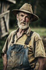 Obraz premium Elderly Farmer in Overalls and Hat