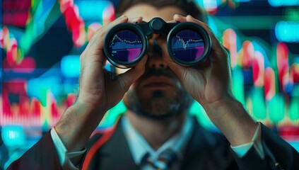 Businessman looking through binoculars with stock market charts in the background