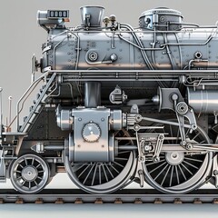 Fototapeta premium Detailed steam locomotive with textures Model illustration, Closeup, noblur