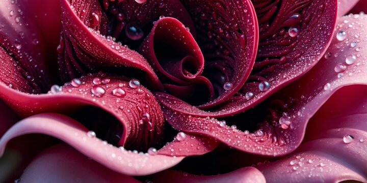 Close-up of a deep pink rose with water droplets on its petals. The rose's intricate details are beautifully highlighted by the droplets.