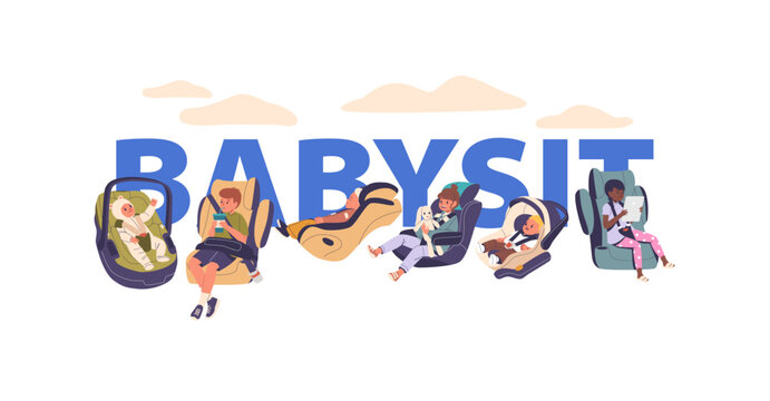 Vector Babysitting Concept With Children Secured In Car Seats. Banner Or Flyer Showcases Importance Of Child Safety - Powered by Adobe