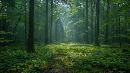 Fototapeta premium Tranquil Forest Pathway Surrounded by Lush Greenery During Early Morning Light. Generative AI