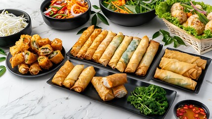 A flat lay of various delicious Vietnamese dishes, including spring rolls and crepe wraps, were arranged on an elegant white marble table with a soft focus background. The food was beautifully