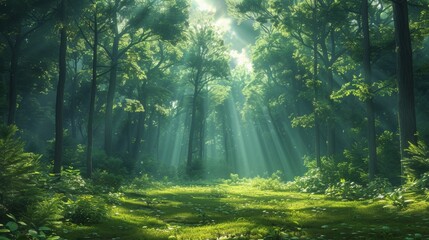 Fototapeta premium Sunlight Streaming Through Lush Green Trees in a Vibrant Forest Clearing. Generative AI