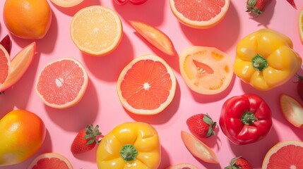 Assorted fruits and vegetables on a pink background