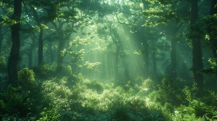 Serene Sunlight Filtering Through Lush Green Forest Canopy During Early Morning Hours. Generative AI