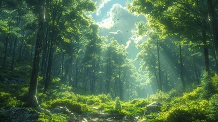 Serene Forest Landscape Illuminated by Soft Sunlight During Early Morning Hours in Spring. Generative AI