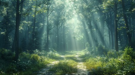 Obraz premium Enchanting Sunlight Filtering Through Lush Green Forest Trees During Early Morning Hours. Generative AI