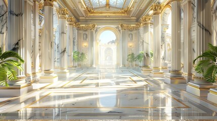 Fototapeta premium Opulent Gold Marble Interior of the Royal Golden Palace with Checkered Floor